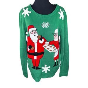 Christmas Ugly Sweater Woman's Santa Mrs Claus Cookies Green W Snowflakes Sz XL